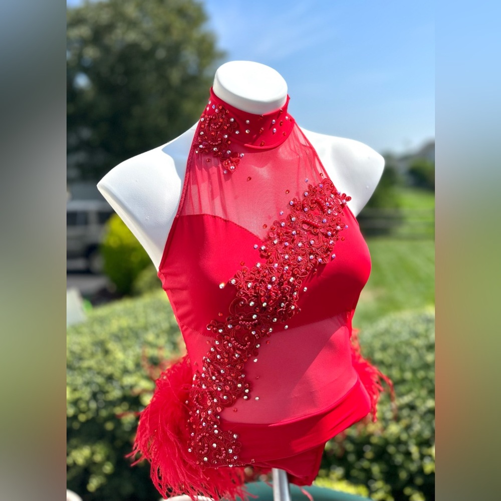 Beautiful New! Red Halter Custom Jazz Dance Costume With Feathers Small Adult💃 - Picture 2 of 8